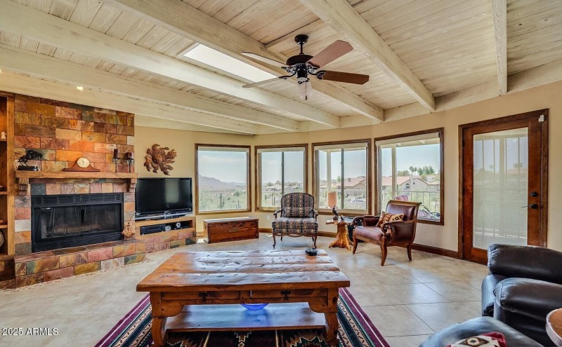 Wood beam ceilings with skylights