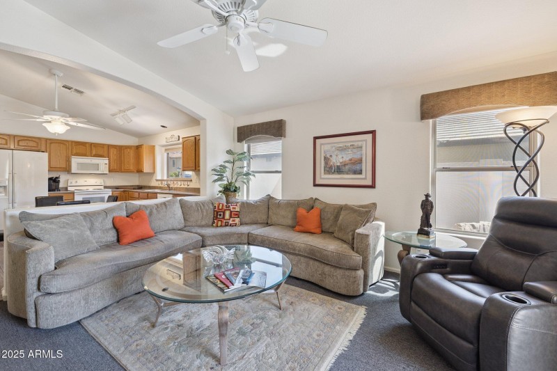 Family room looking back at kitchen