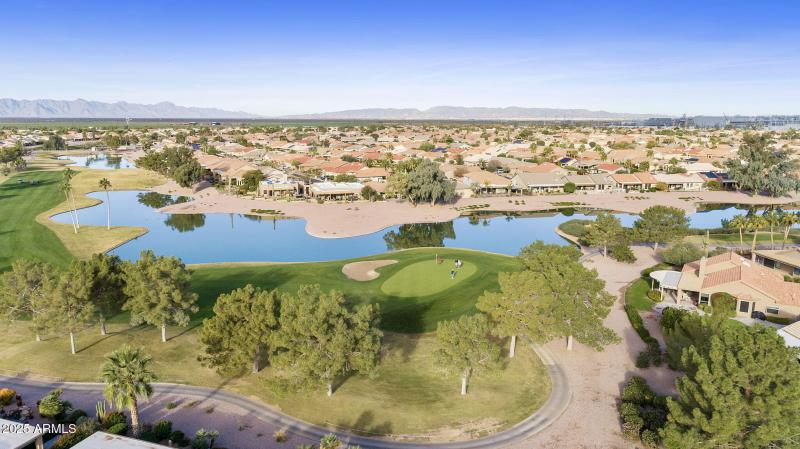 Aerial view - golf course and water