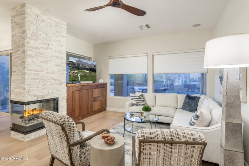 Great Room with 3 Sided Fireplace