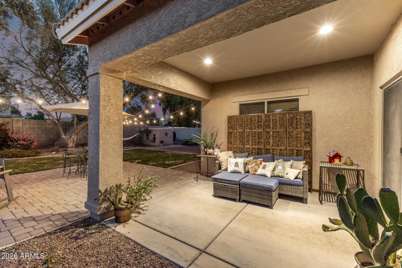 Covered patio at twilight