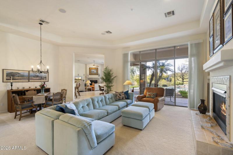 Living room with dining area, fireplace