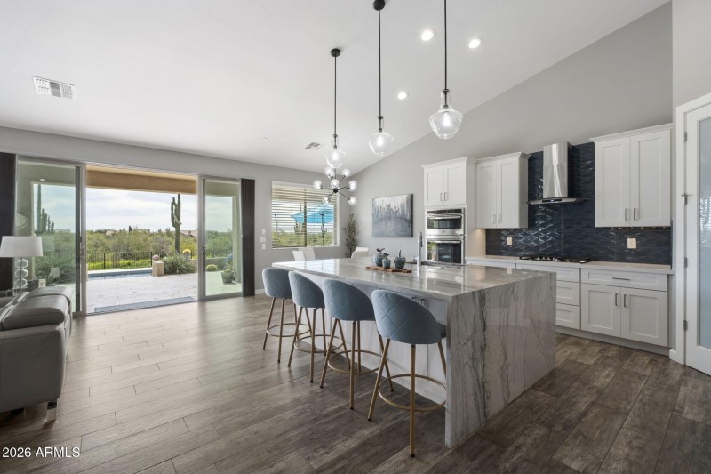 kitchen with waterfall island