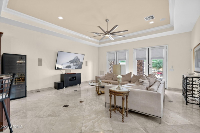 Open Living Room with Tray Ceiling