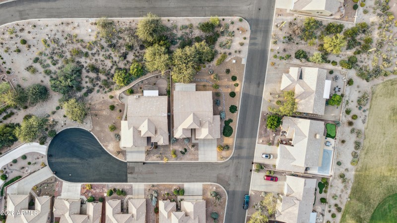 AERIAL OF CUL-D-SAC & HOME ON CORNER