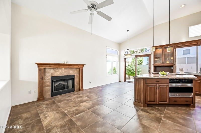 Fireplace in kitchen area