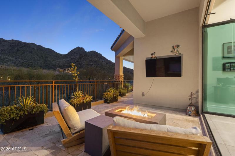 Patio with Fireplace at Twilight