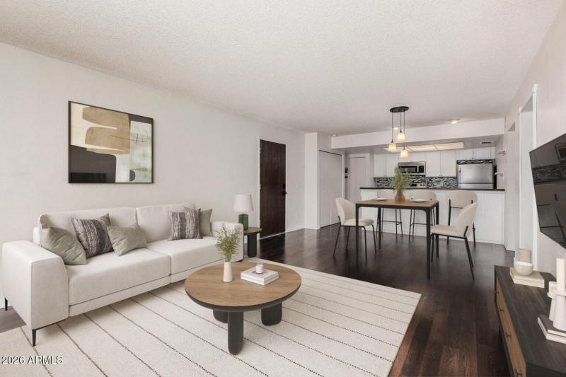 Staged Living, Dining, and Kitchen