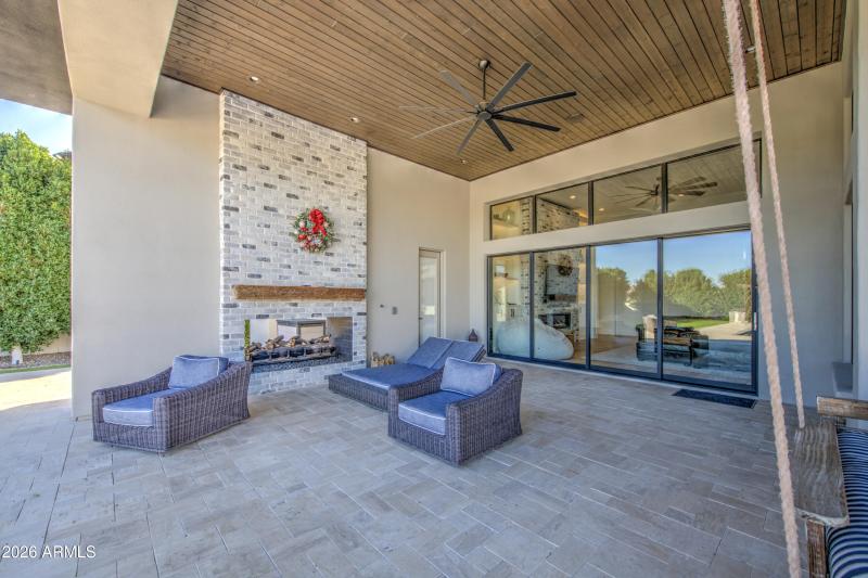 Patio with fireplace