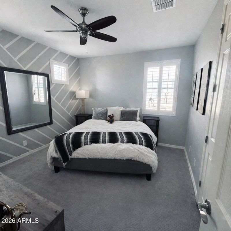 Contemporary bedroom with Mario plush to