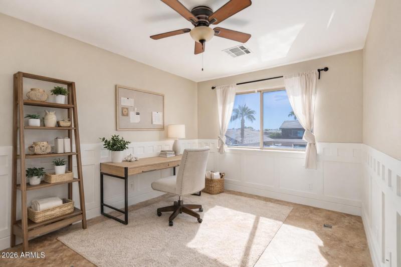 Neutral-toned home office scene