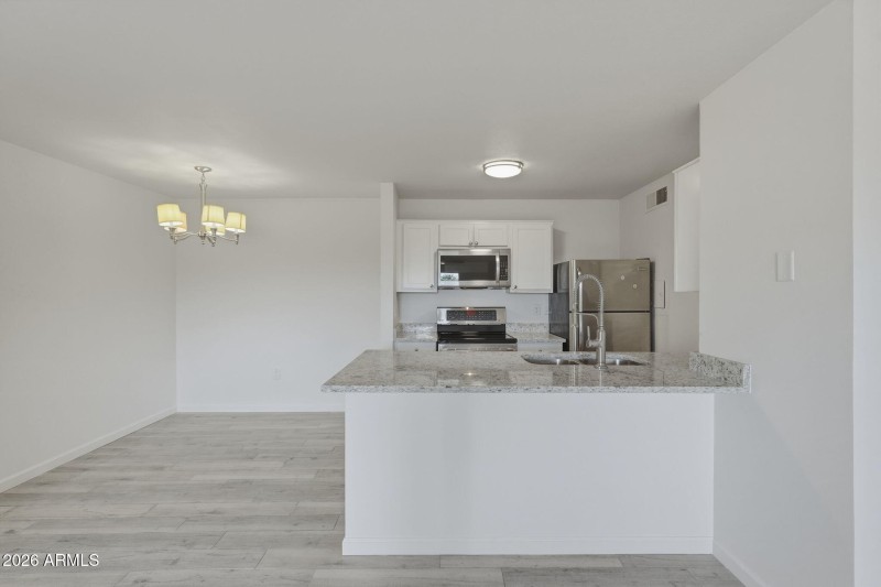 kitchen, counter, dining area