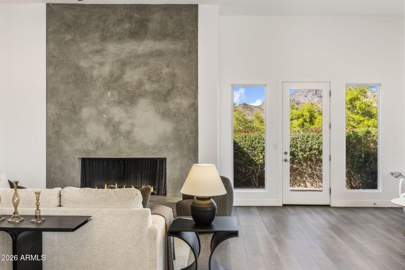 Living room fireplace and views