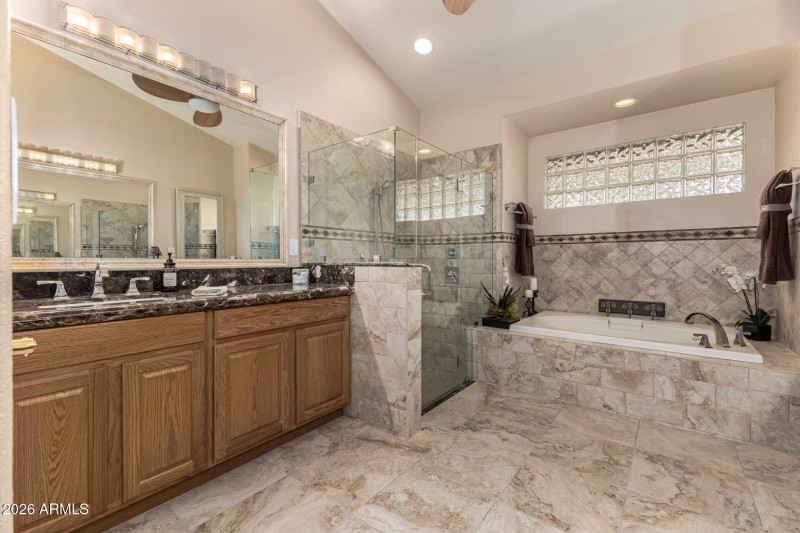 Primary bathroom split vanities