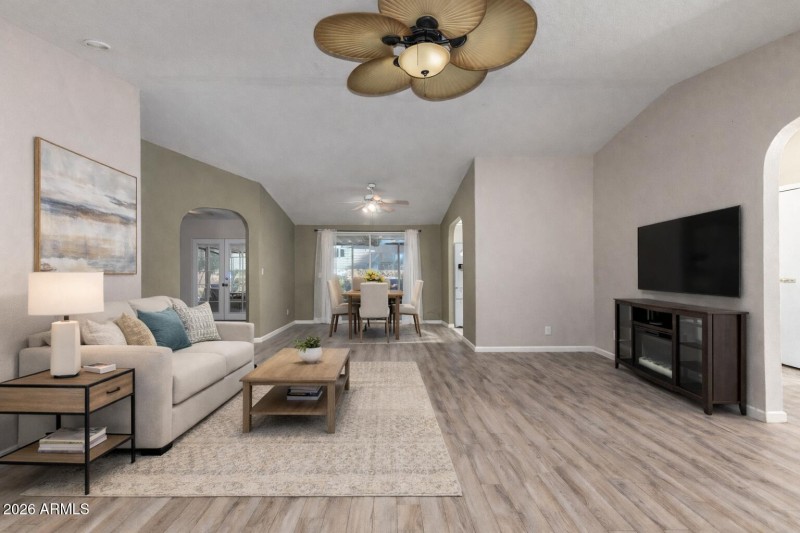 Virtually staged living rm and dining ro