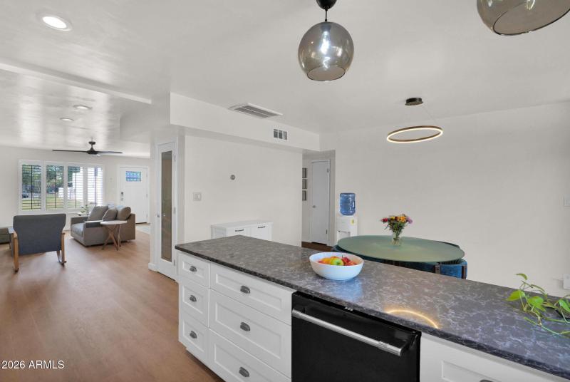 kitchen island and dining area