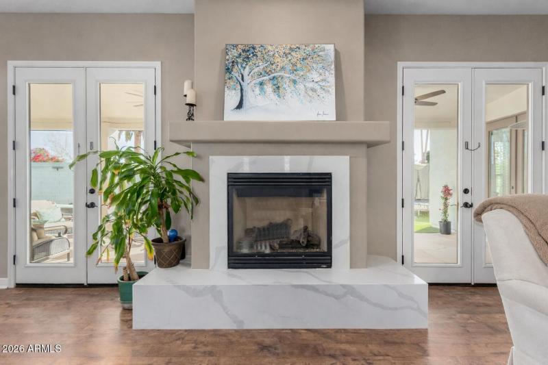 Modern living room with fireplace and pa