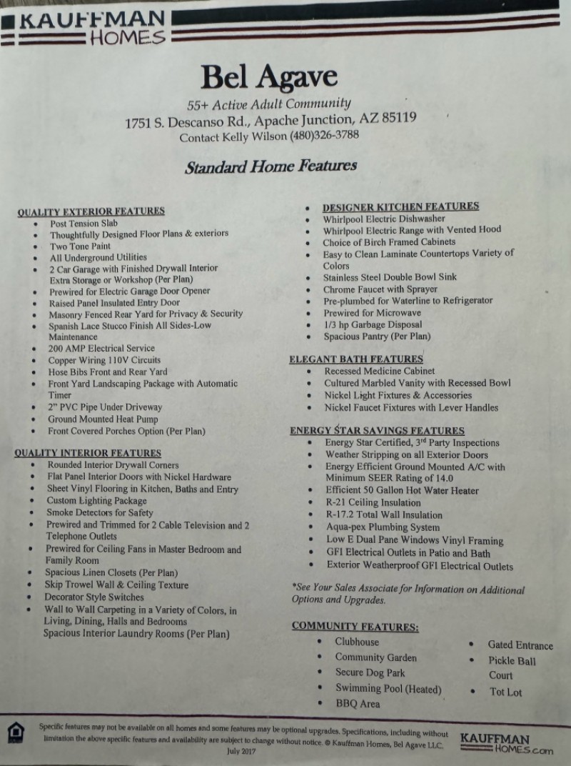 Standard Home Features by Builder