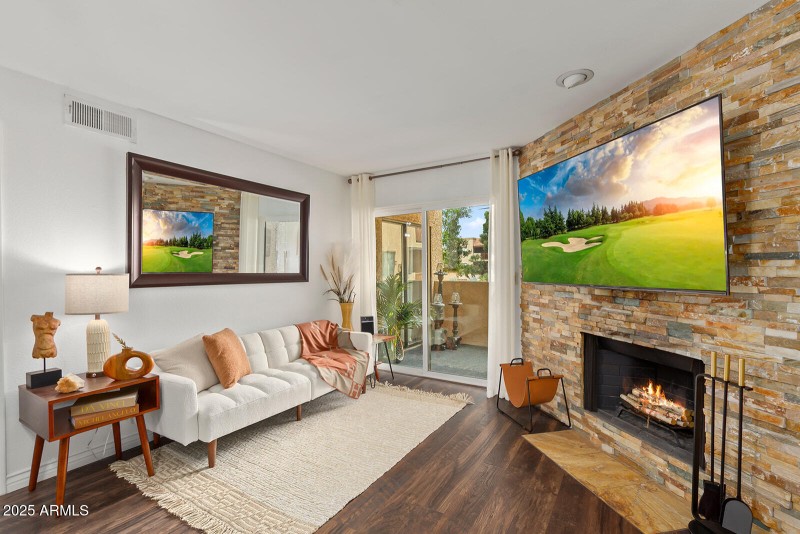 Cozy wood burning fireplace