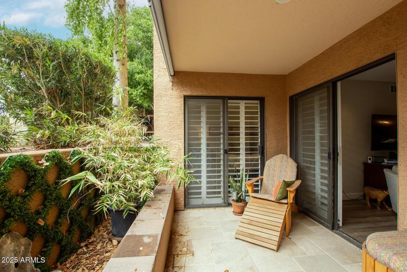 Patio has Travertine tile