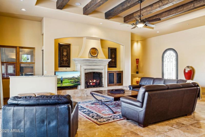 Great room w/wood beams