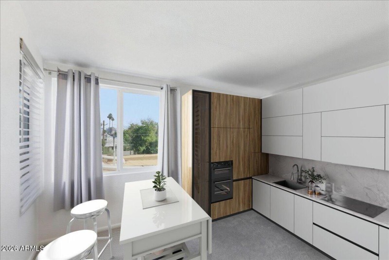 Virtually staged as apartment kitchen