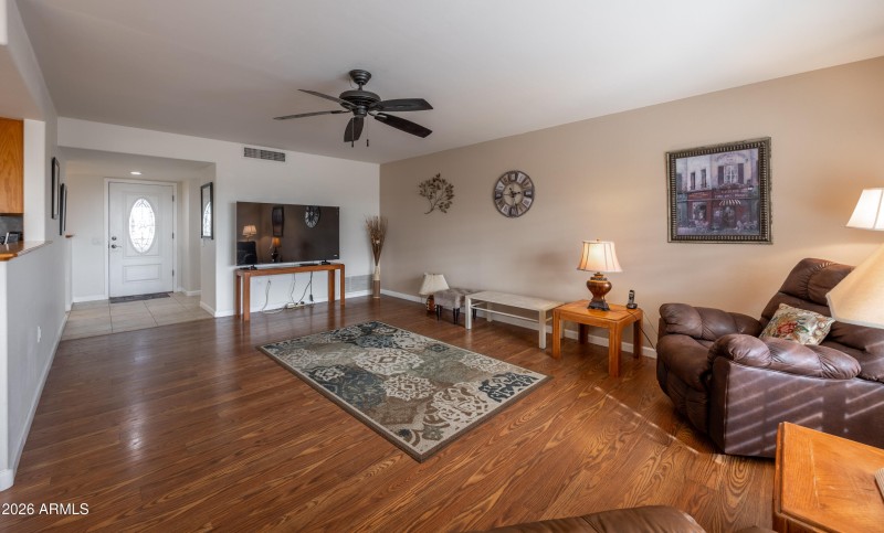 Front door and living room