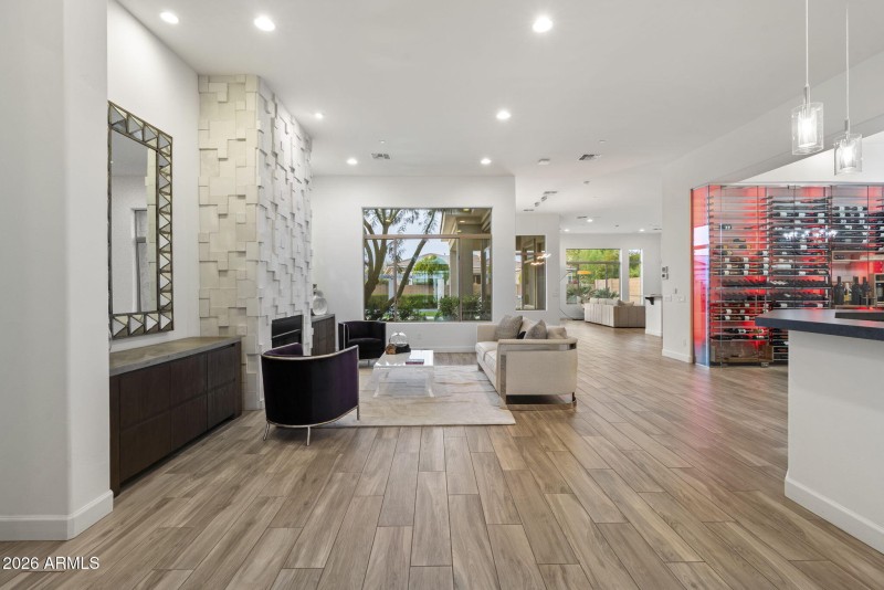 Modern Open Living Space w Wine Wall