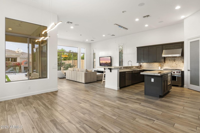 Open Kitchen & Living Space w Tile Floor