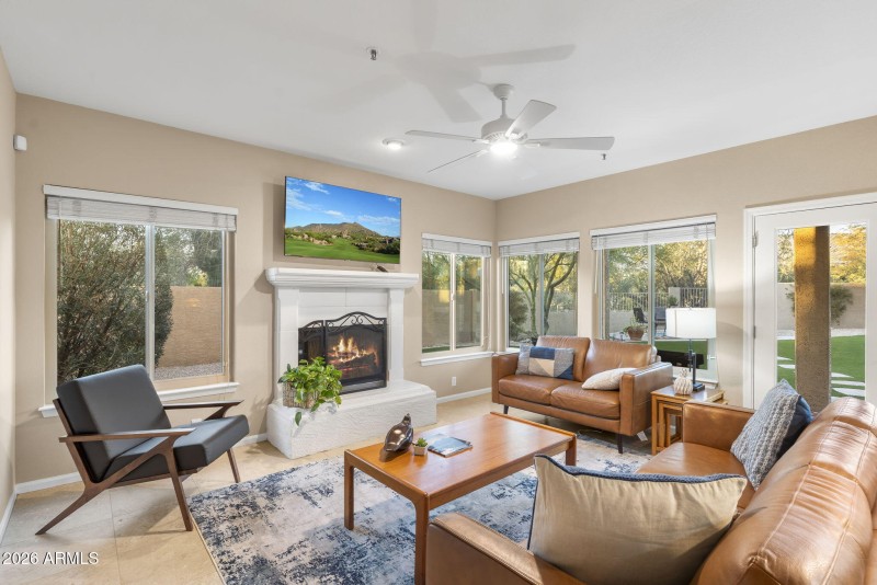 Wood-burning fireplace in family room