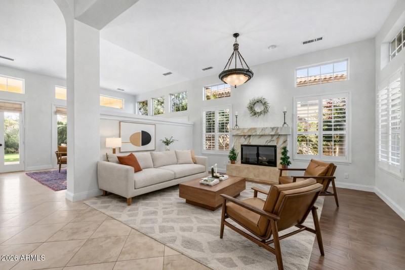 Living room with custom fireplace