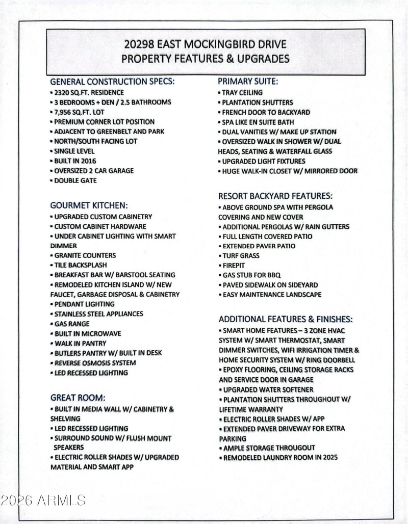 Property Features & Upgrades List