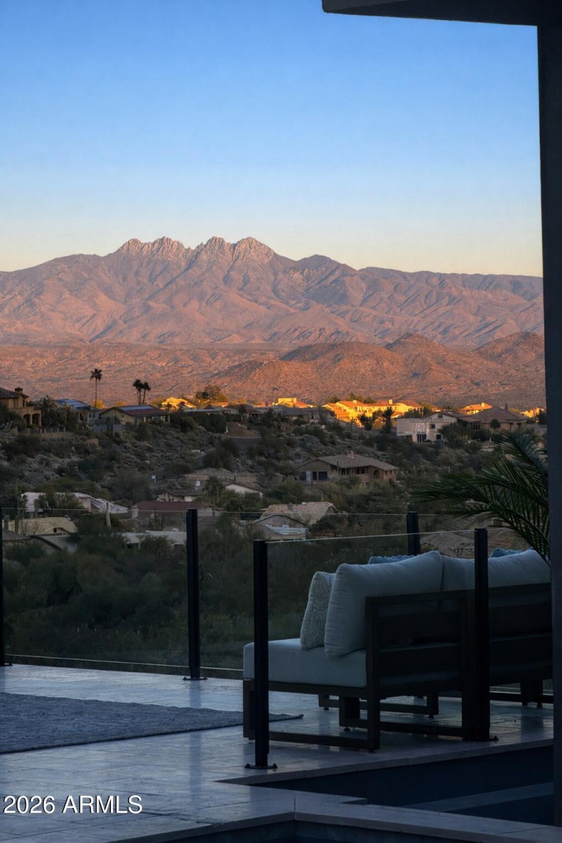 Desert view with sunset and pool