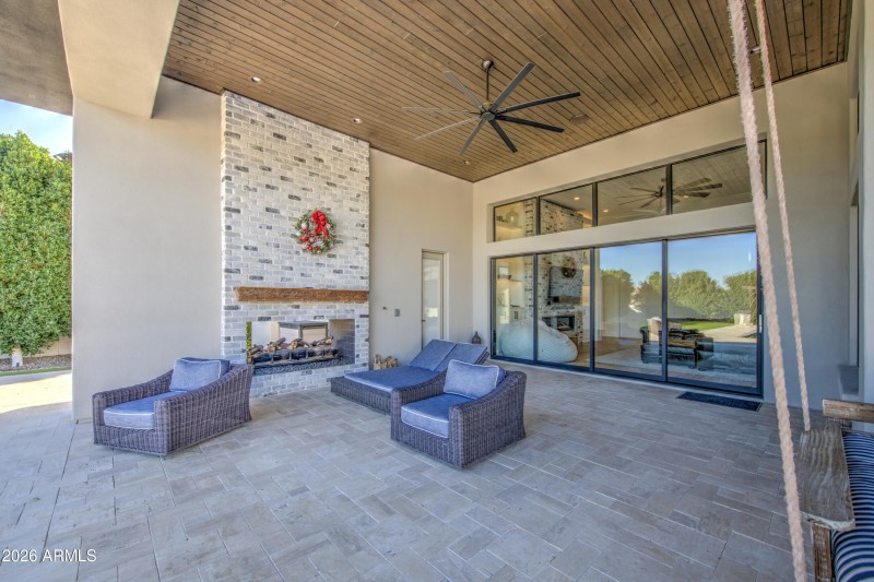 Patio with fireplace