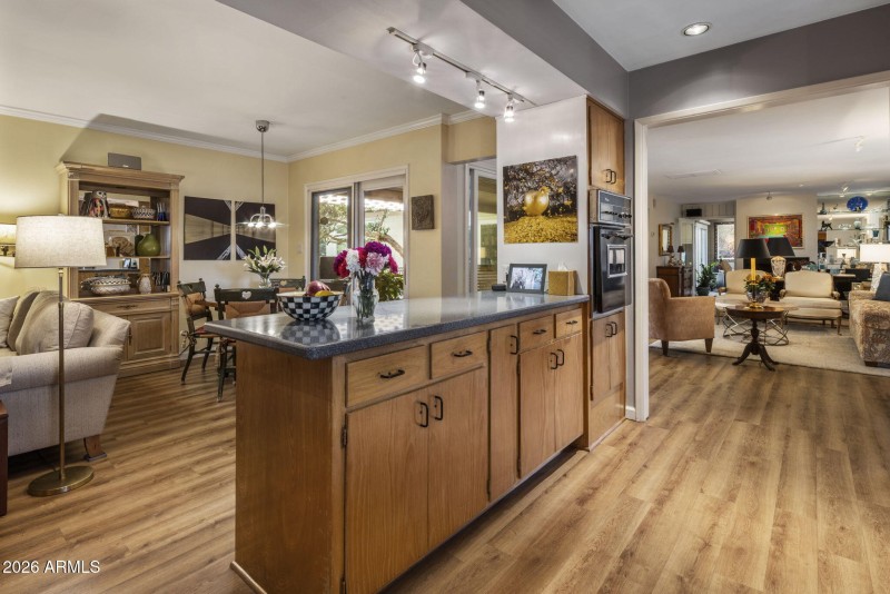 Kitchen open to living and family rooms