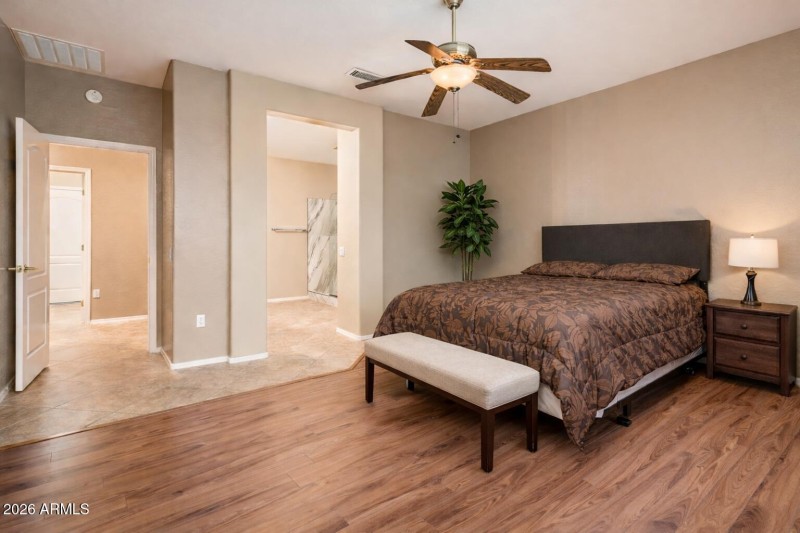 Cozy bedroom with warm, natural tones