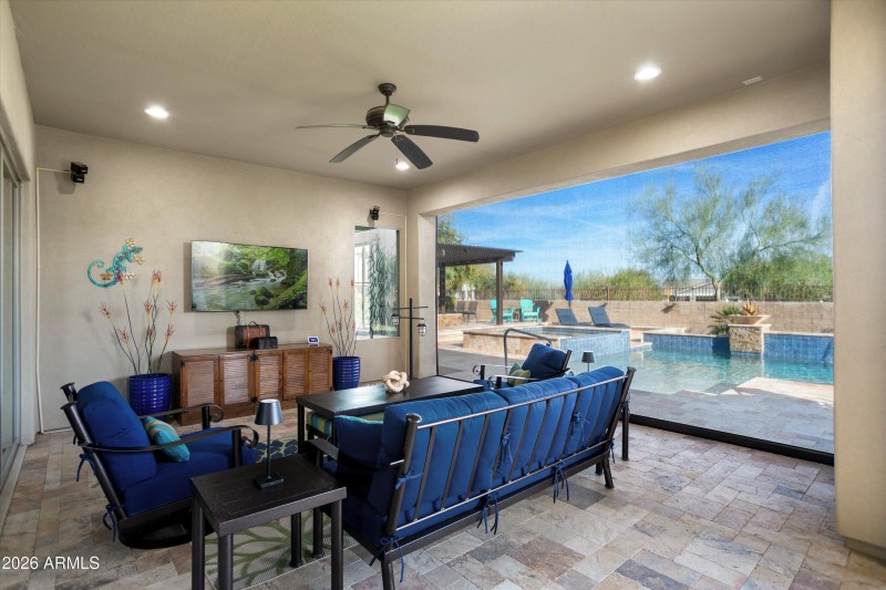 Sun Screens down at Covered Rear Patio