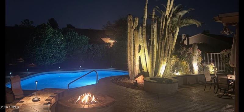 Gas fire pit and landscape lighting