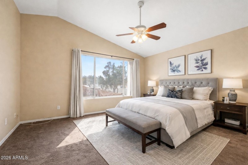 primary bedroom staged