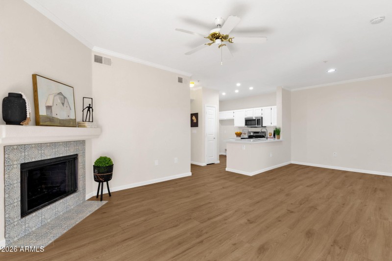 with wood burning fireplace