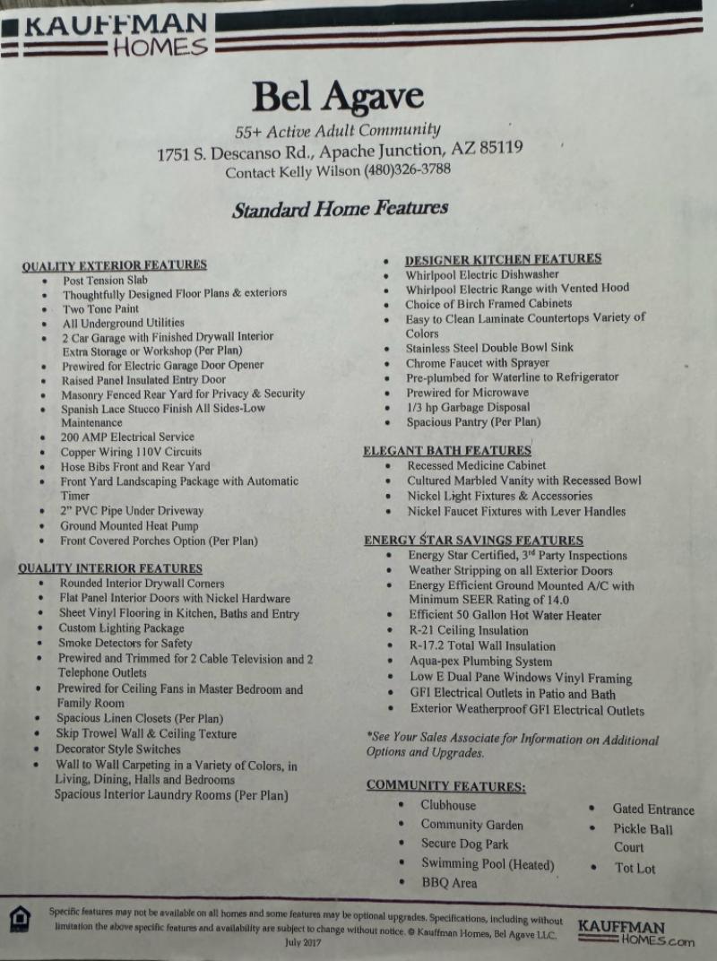 Standard Home Features by Builder