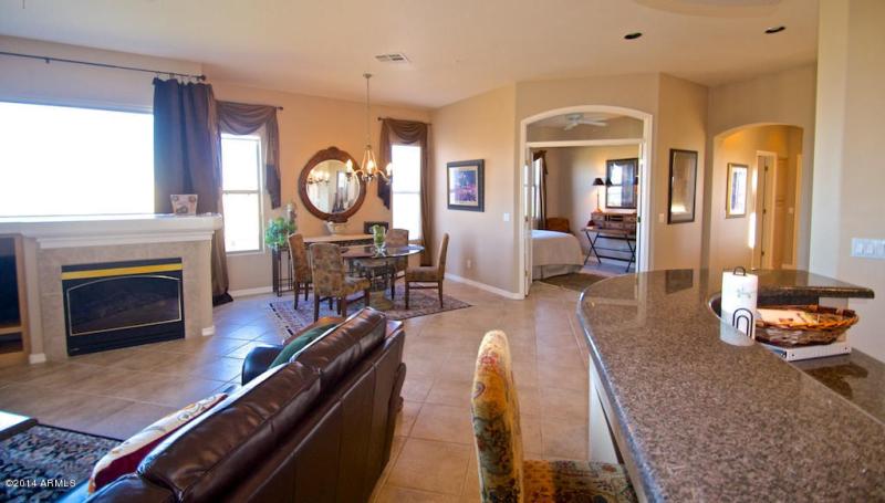 dining area, kitchen bar, living room