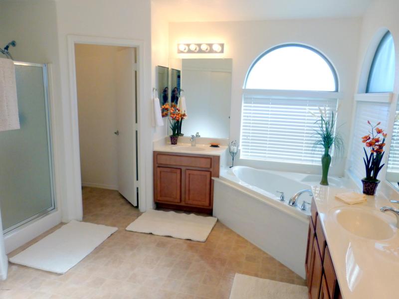 Walk in shower, dual vanities