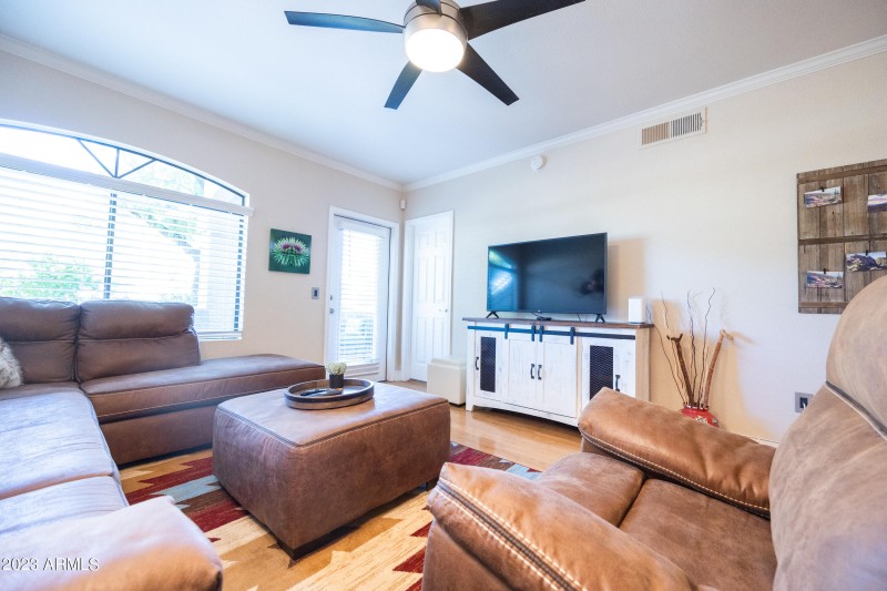 living room with tv, pull out sofa