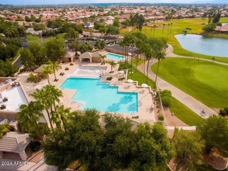 Aerial of Oakwood Pool overlooking golf