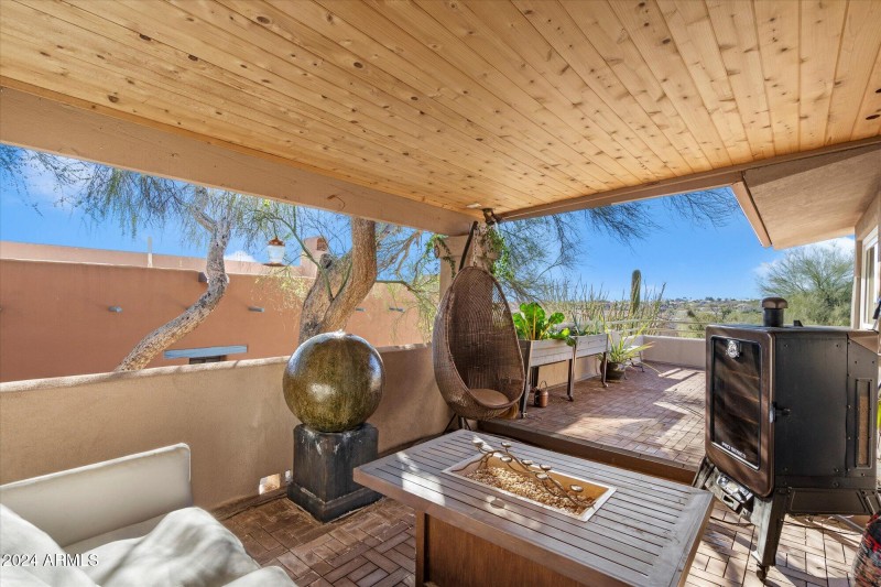 Spacious Deck with pine wood ceiling