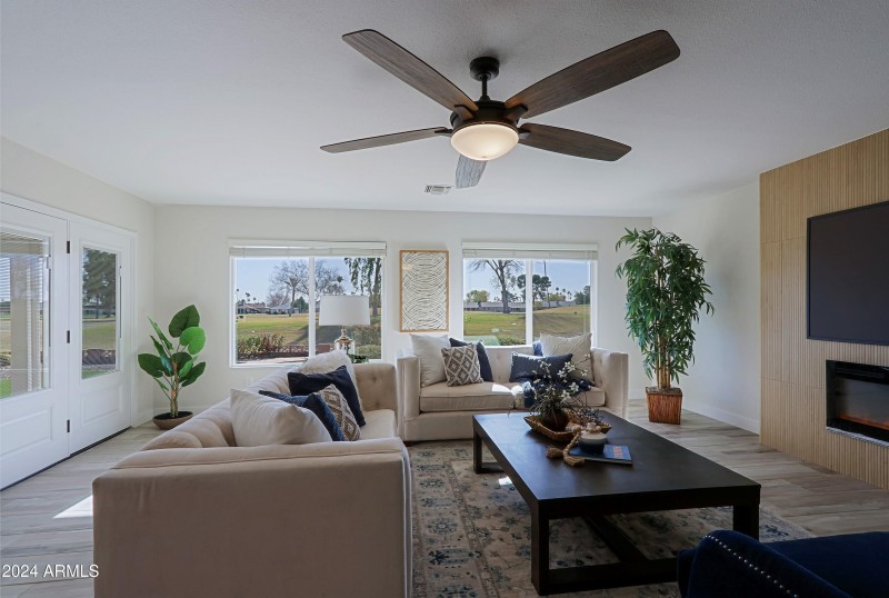 Great room with view of golf course