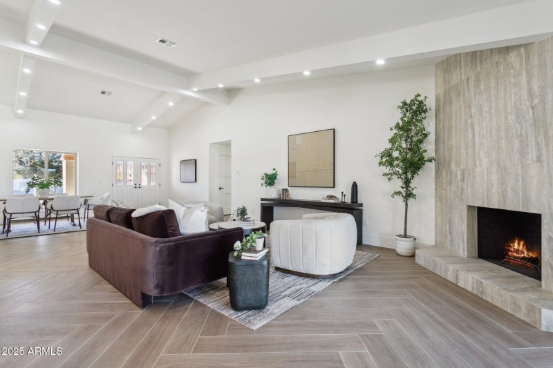 Porcelain tile wood burning fire place