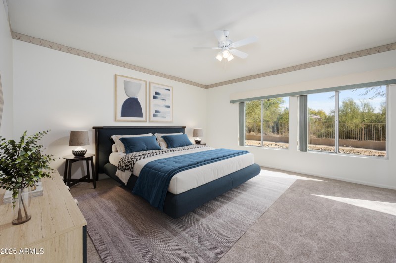 primary bedroom staged