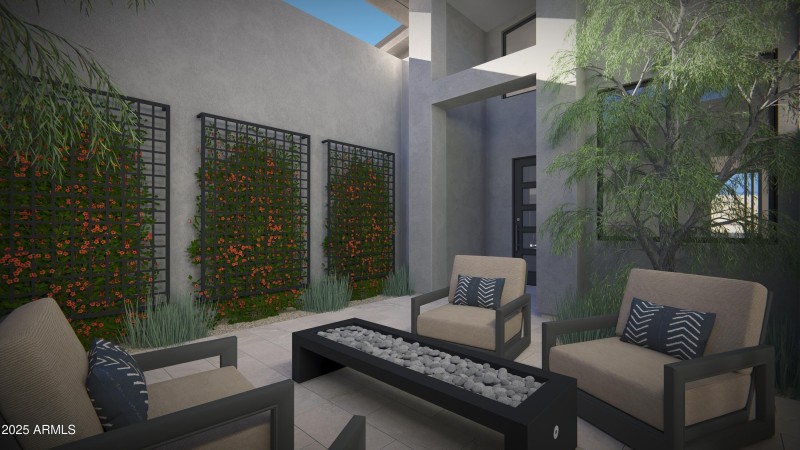 Rendering of firepit at courtyard entry